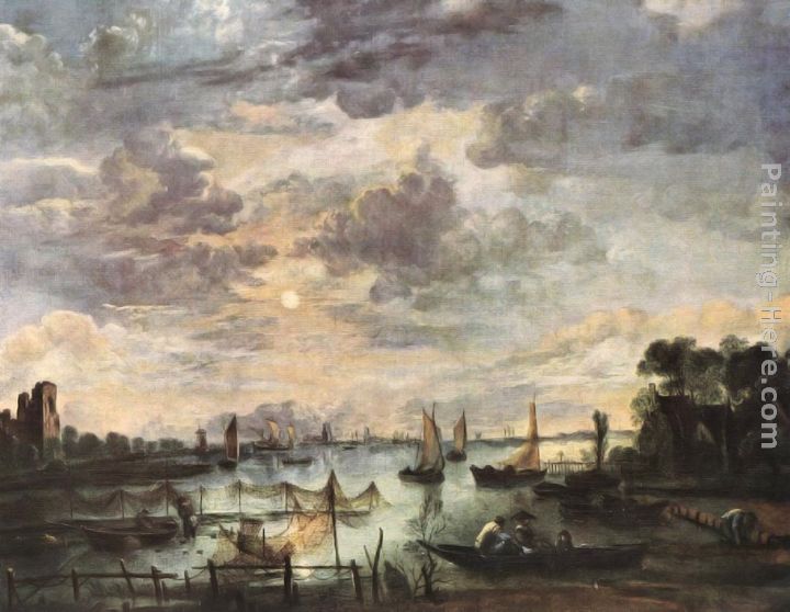 Fishing at Moonlight painting - Aert van der Neer Fishing at Moonlight art painting